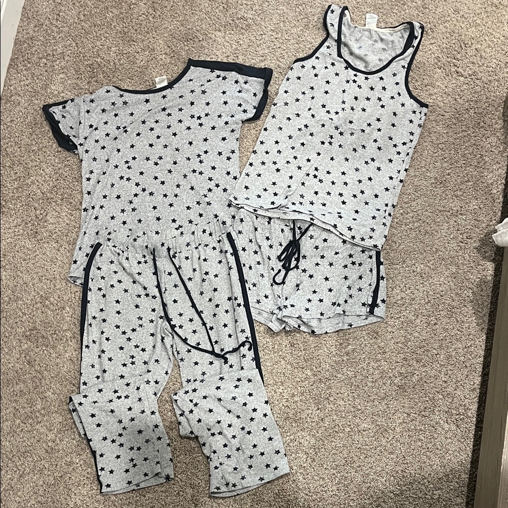 Lucky Brand womens Star-Print Pajama Set - Gray and Navy Blue 4 piece set size X